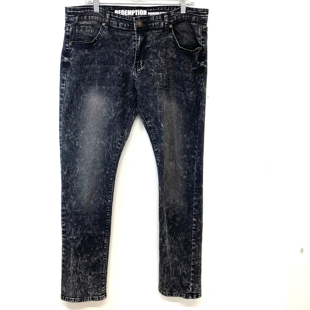 Redemption  Black Acid Wash Slim Straight Jeans Men 38/32 (fit 36x31)Grunge